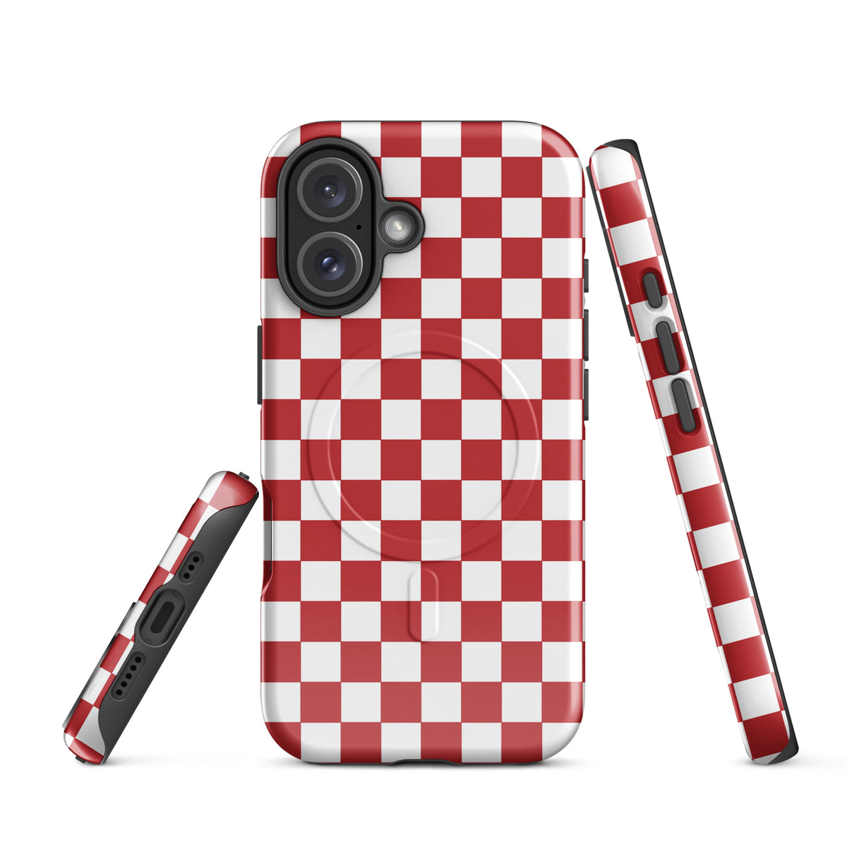 Magnetic Phone Case in crimson red checkered design for iPhone, adding style and protection to your device.