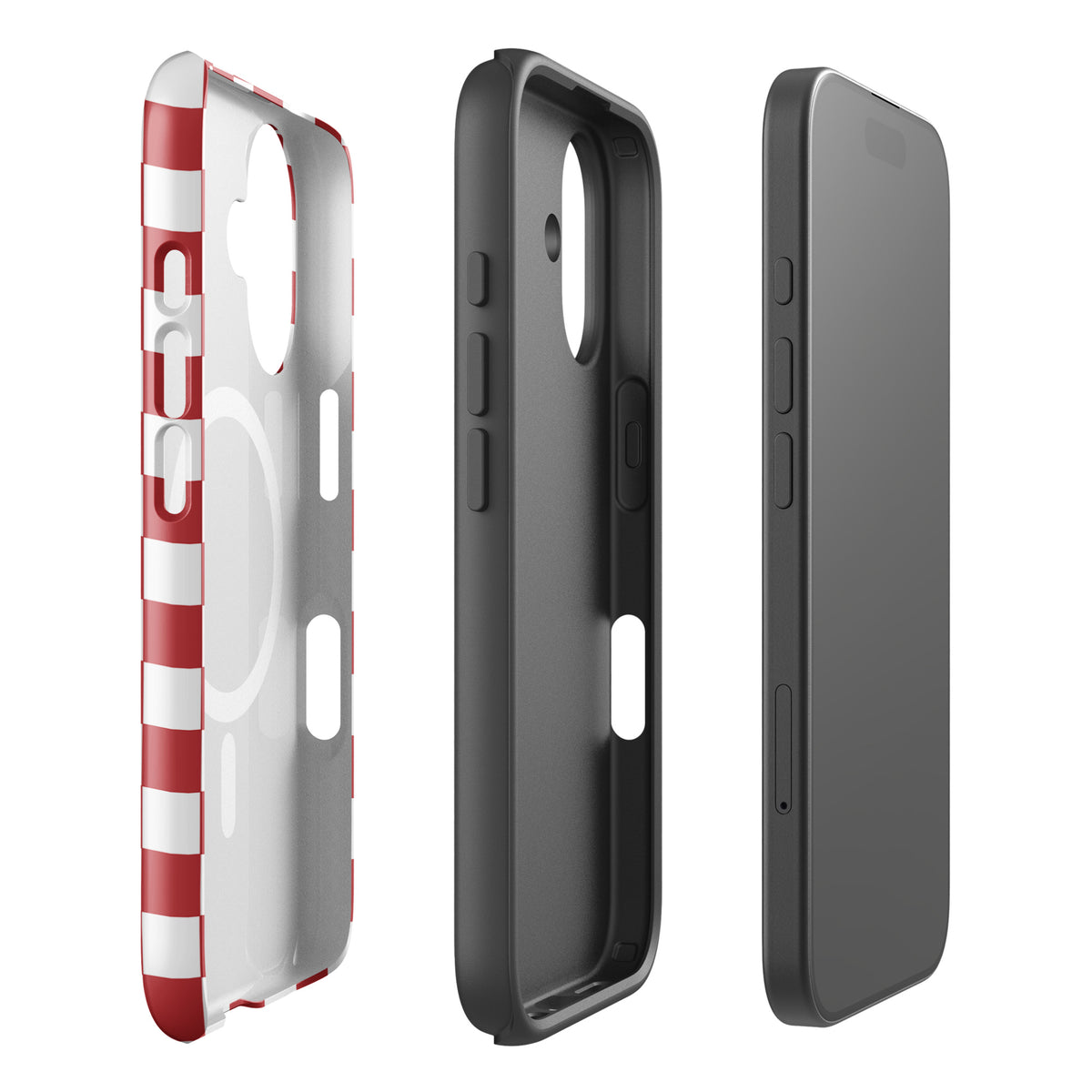 Magnetic Phone Case for iPhone with crimson red checkered design, three-piece view showcasing front, back, and interior sections.