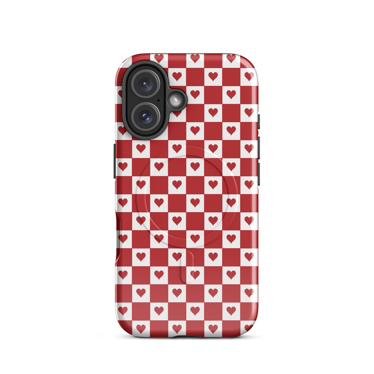 Magnetic Phone Case with cute red heart checkered design for iPhone, showing charming, nostalgic pattern with tiny hearts.