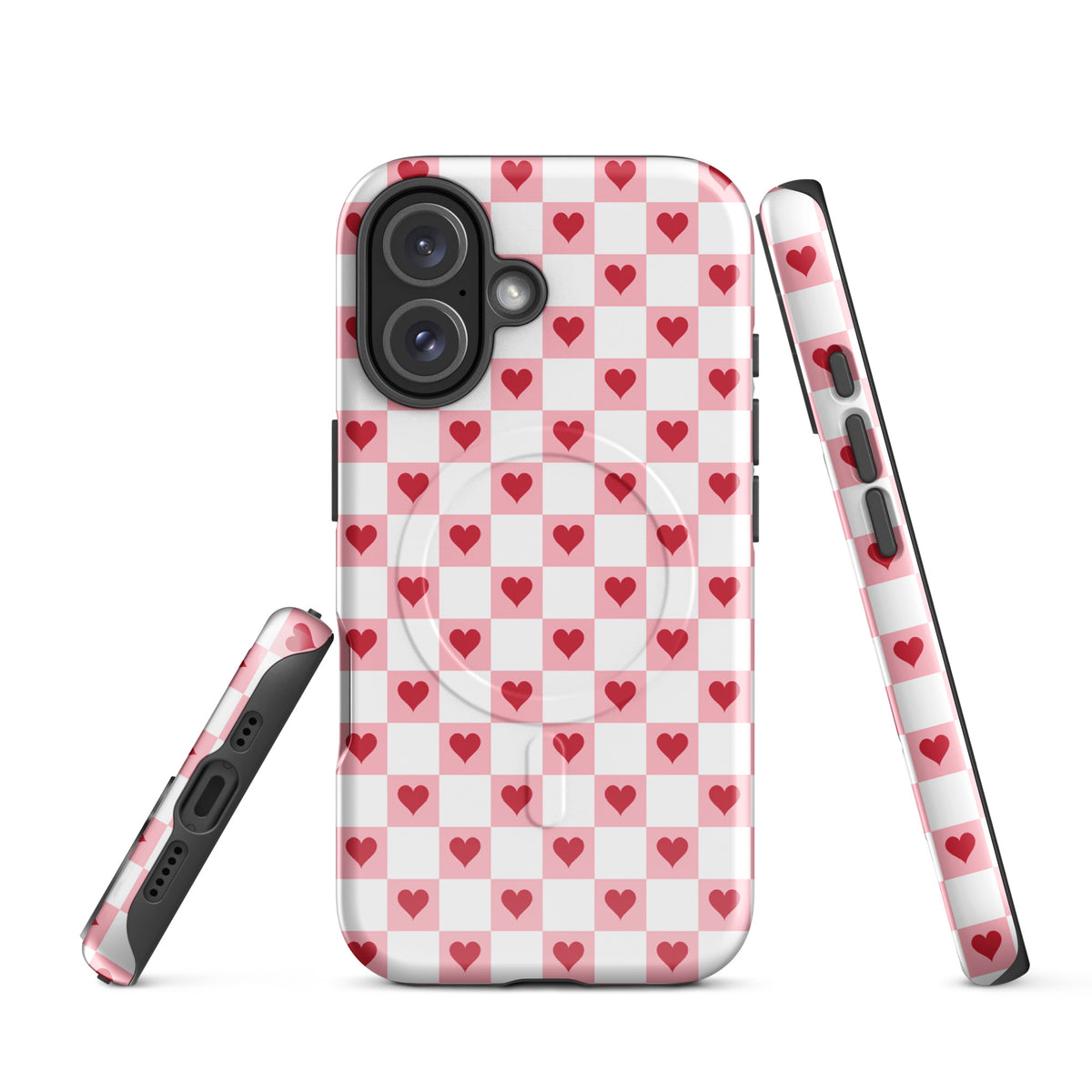 Magnetic Phone Case for iPhone with pink and white checkered design featuring red hearts.