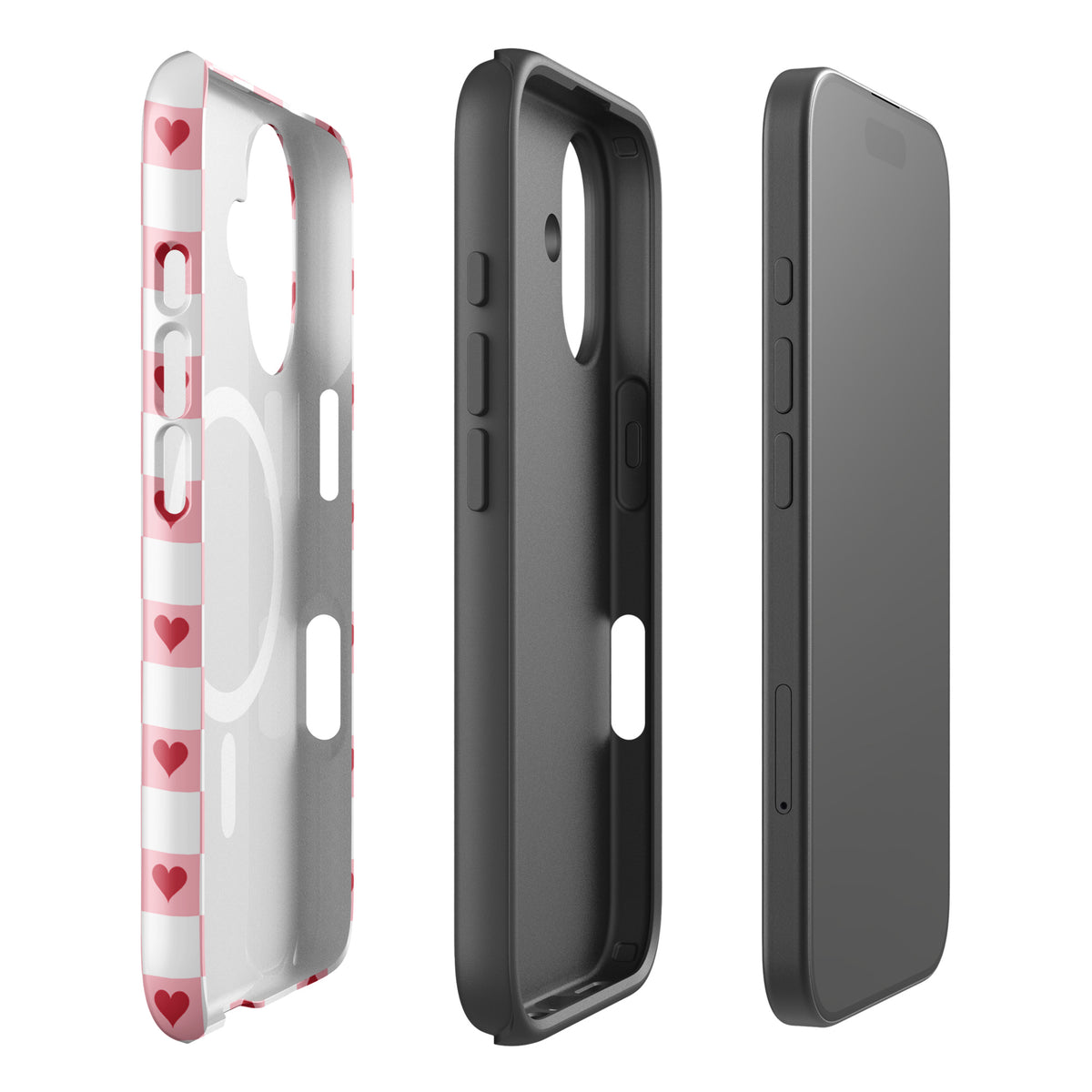 Magnetic Phone Case for iPhone - Pink-and-White design with Red Hearts, showcasing charming checkered pattern.