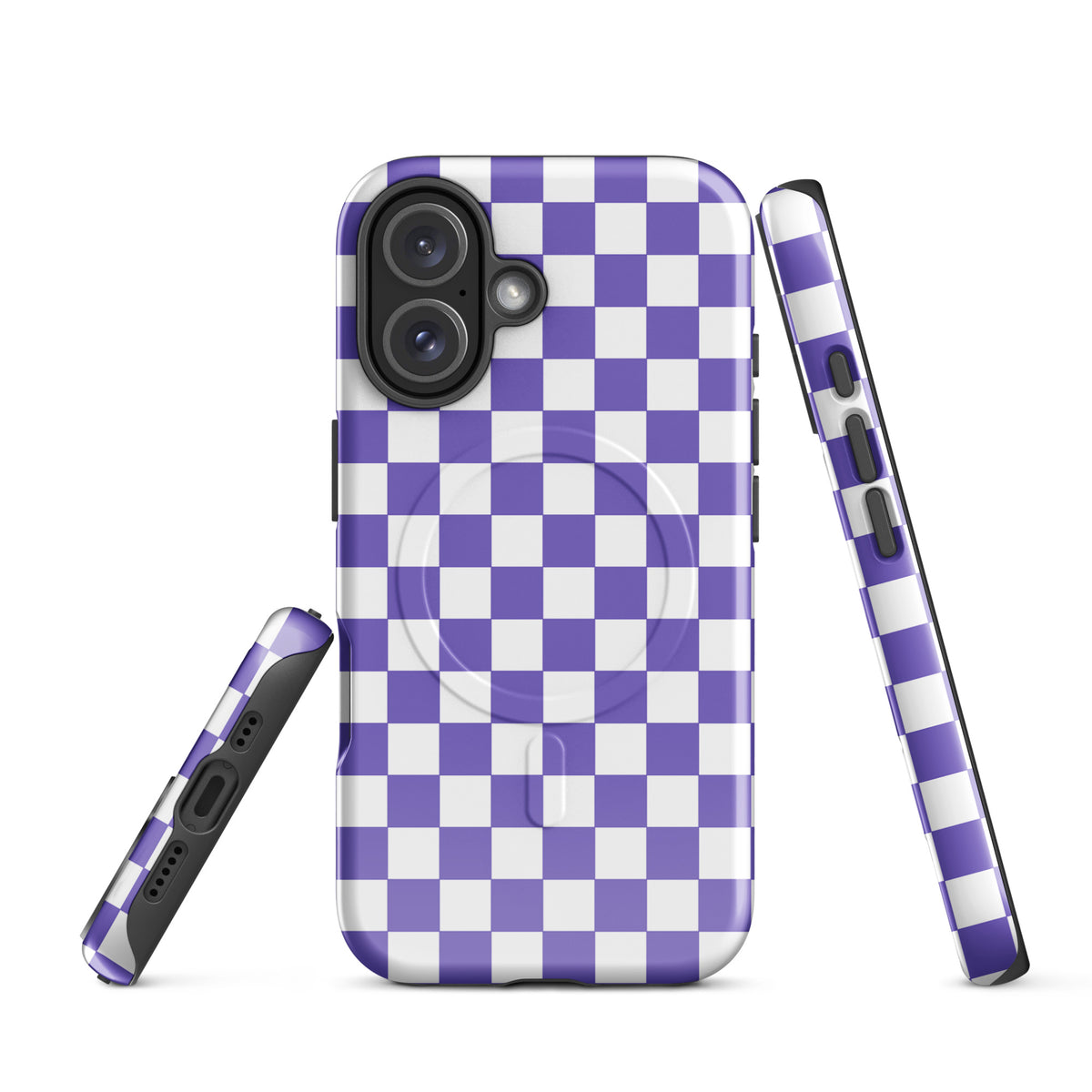 Magnetic Phone Case for iPhone in purple and white checkered design showcasing stylish, playful pattern.