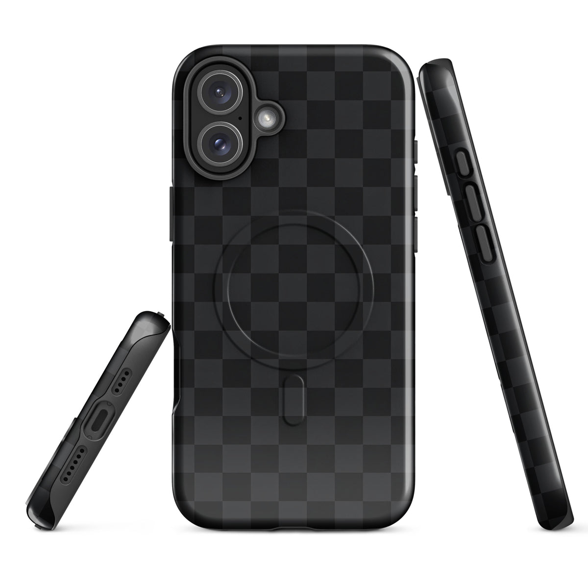Magnetic Phone Case for iPhone with black and charcoal checkered design, sleek and modern style