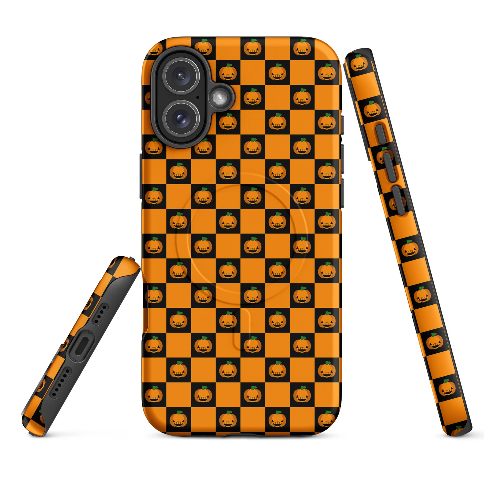 Magnetic Phone Case for iPhone featuring pumpkin checkered Halloween design with jack-o’-lanterns on black and orange squares.