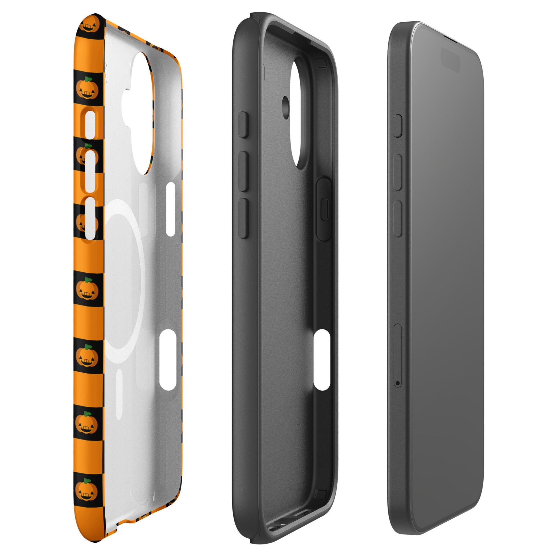 Magnetic Phone Case with Halloween pumpkin checkered design for iPhone, featuring orange and black pattern with jack-o'-lanterns.