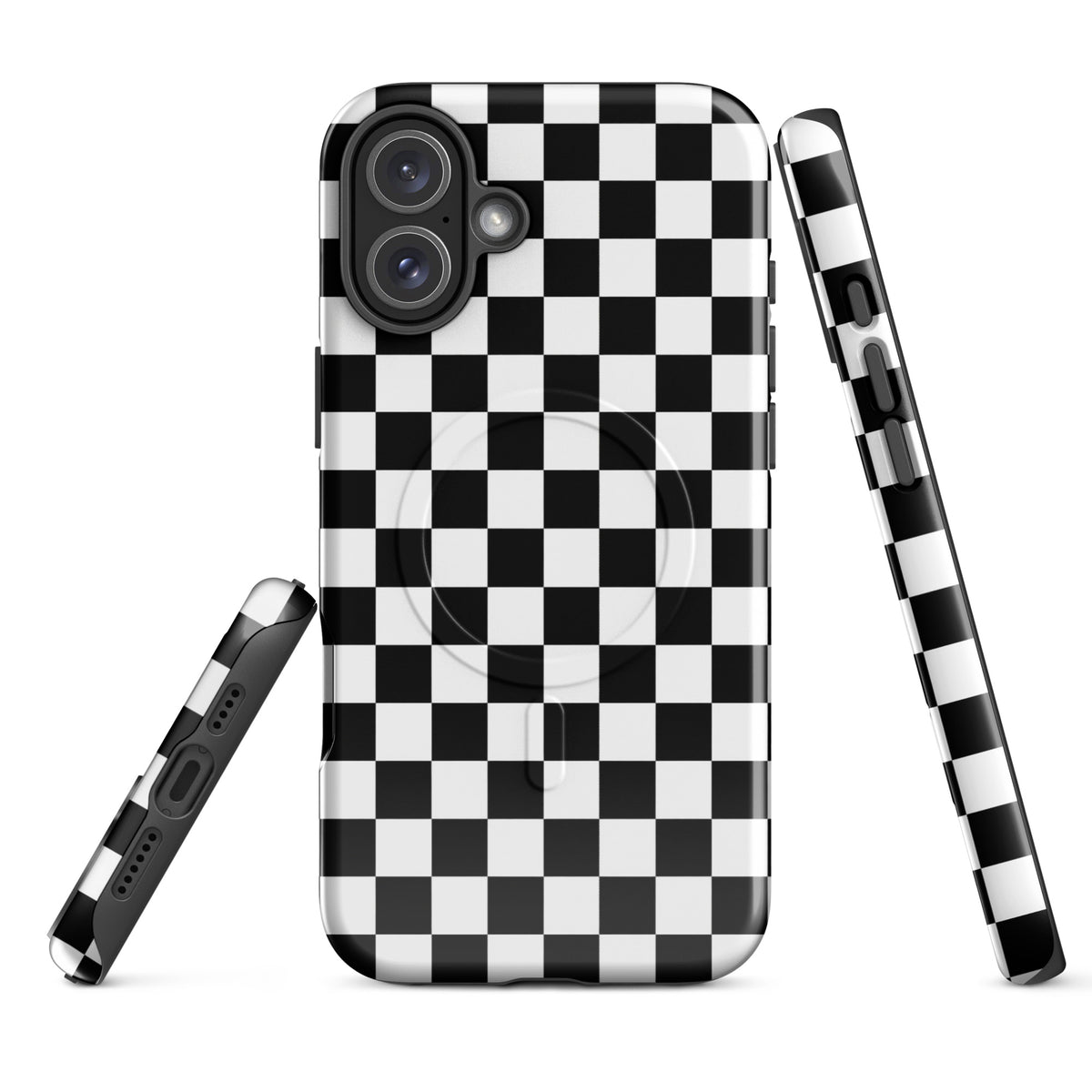 Magnetic Phone Case with bold black-and-white checkered pattern for iPhone, showcasing stylish and playful design.