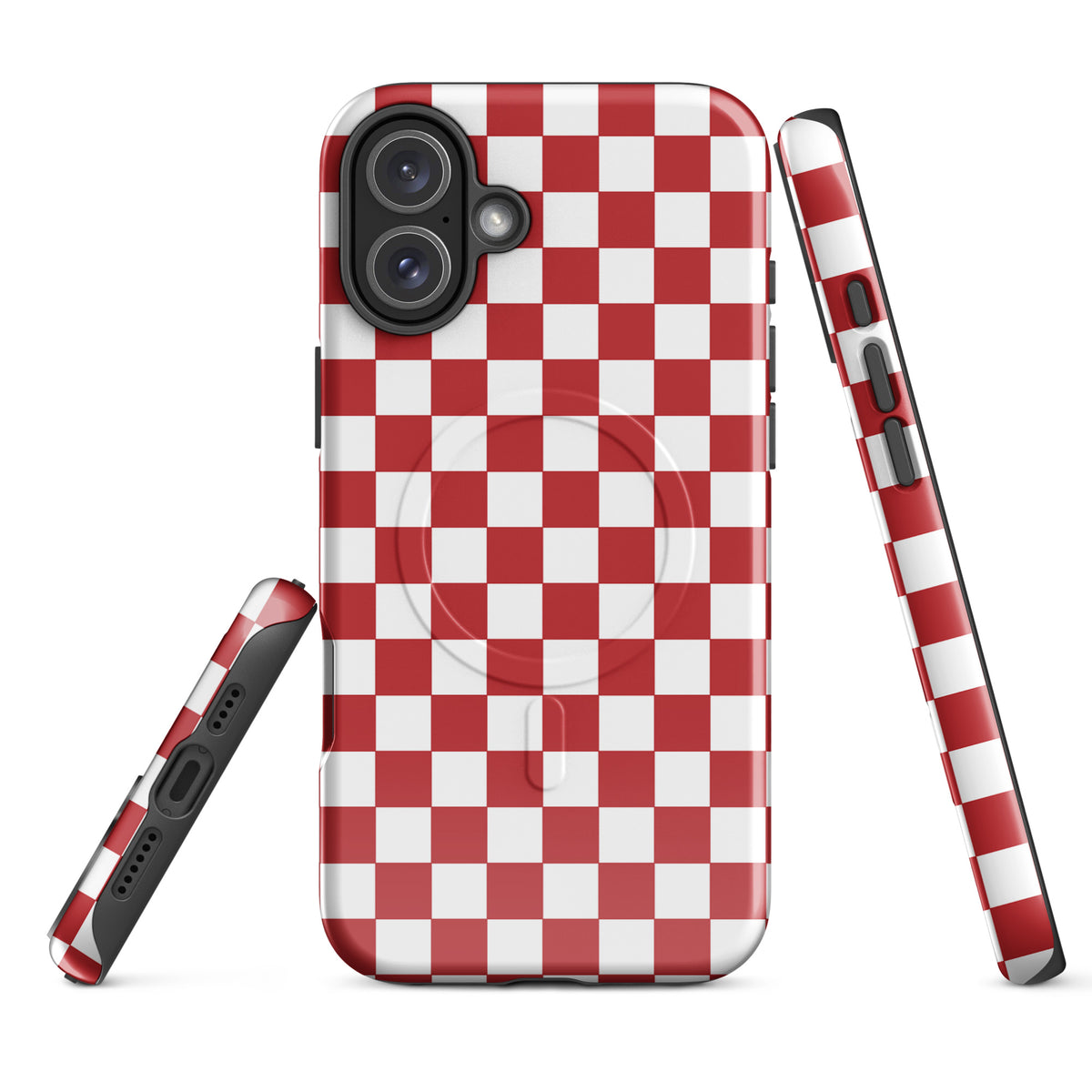 Magnetic Phone Case for iPhone with crimson red checkered design, offering bold style and protection.