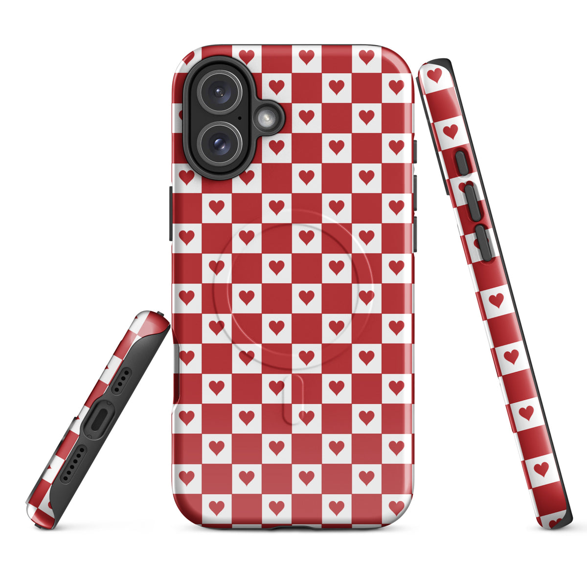 Magnetic Phone Case for iPhone with cute red heart checkered design, featuring nostalgic crimson hearts on a playful red-and-white pattern.