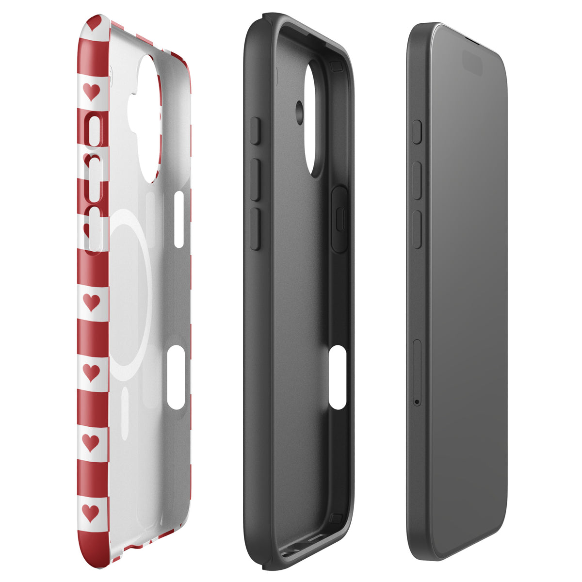 Magnetic Phone Case for iPhone with red heart checkered design, showcasing a charming and playful aesthetic for everyday use.