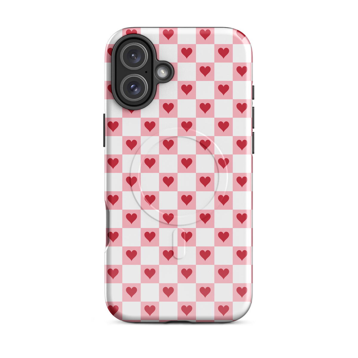 Magnetic Phone Case for iPhone in pink-and-white red hearts checkered design.