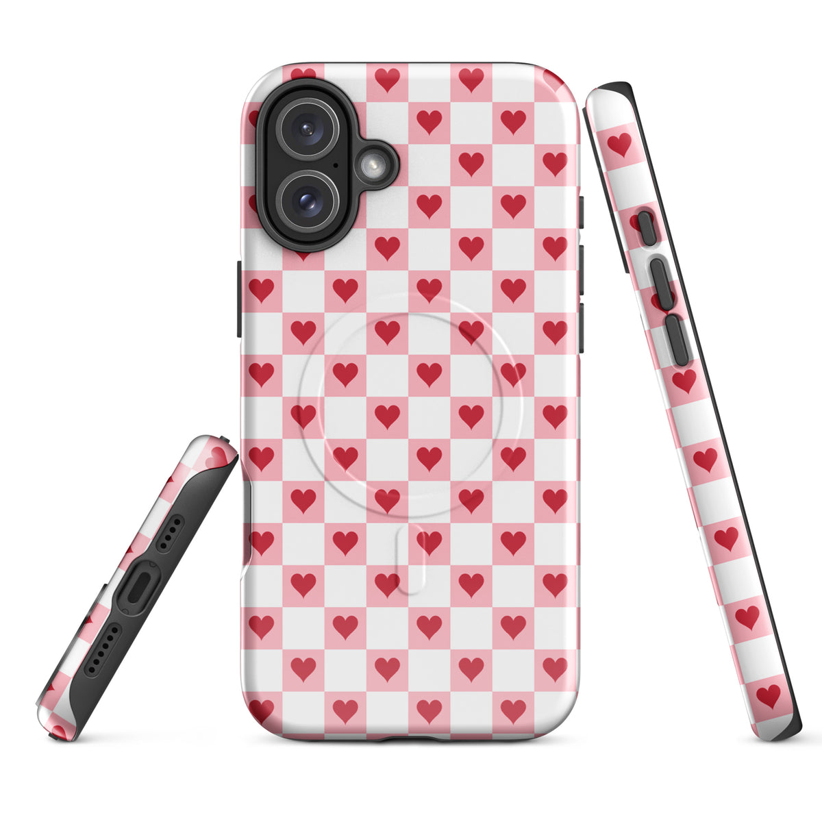 Magnetic Phone Case for iPhone with pink-and-white, red hearts checkered design