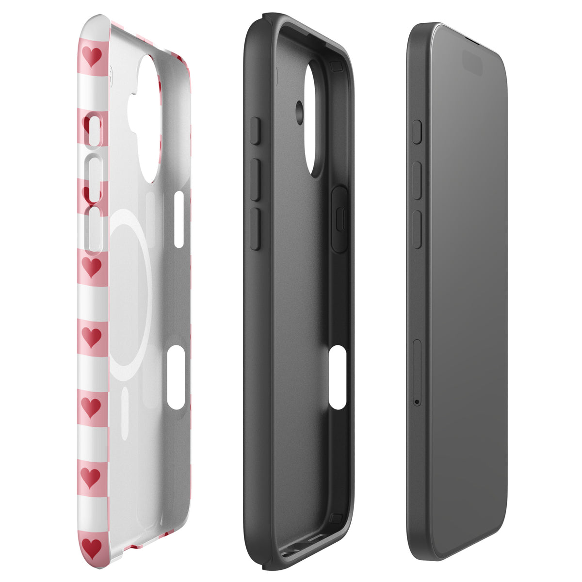 Magnetic Phone Case for iPhone - Pink-and-White with Red Hearts Checkered Design