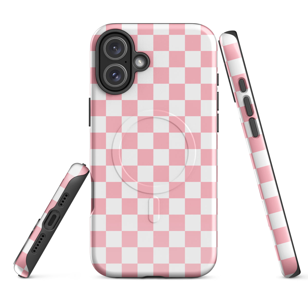 Magnetic Phone Case for iPhone in pink and white checkered design, showcasing playful style and strong magnetic hold.