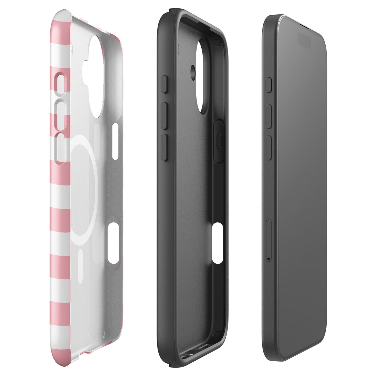Magnetic Phone Case with playful pink and white checkered design, shown in three different angles for iPhone protection.