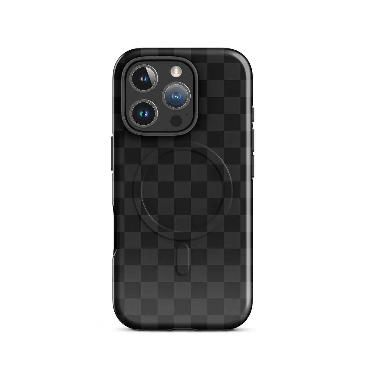 Magnetic Phone Case with black and charcoal checkered design for iPhone