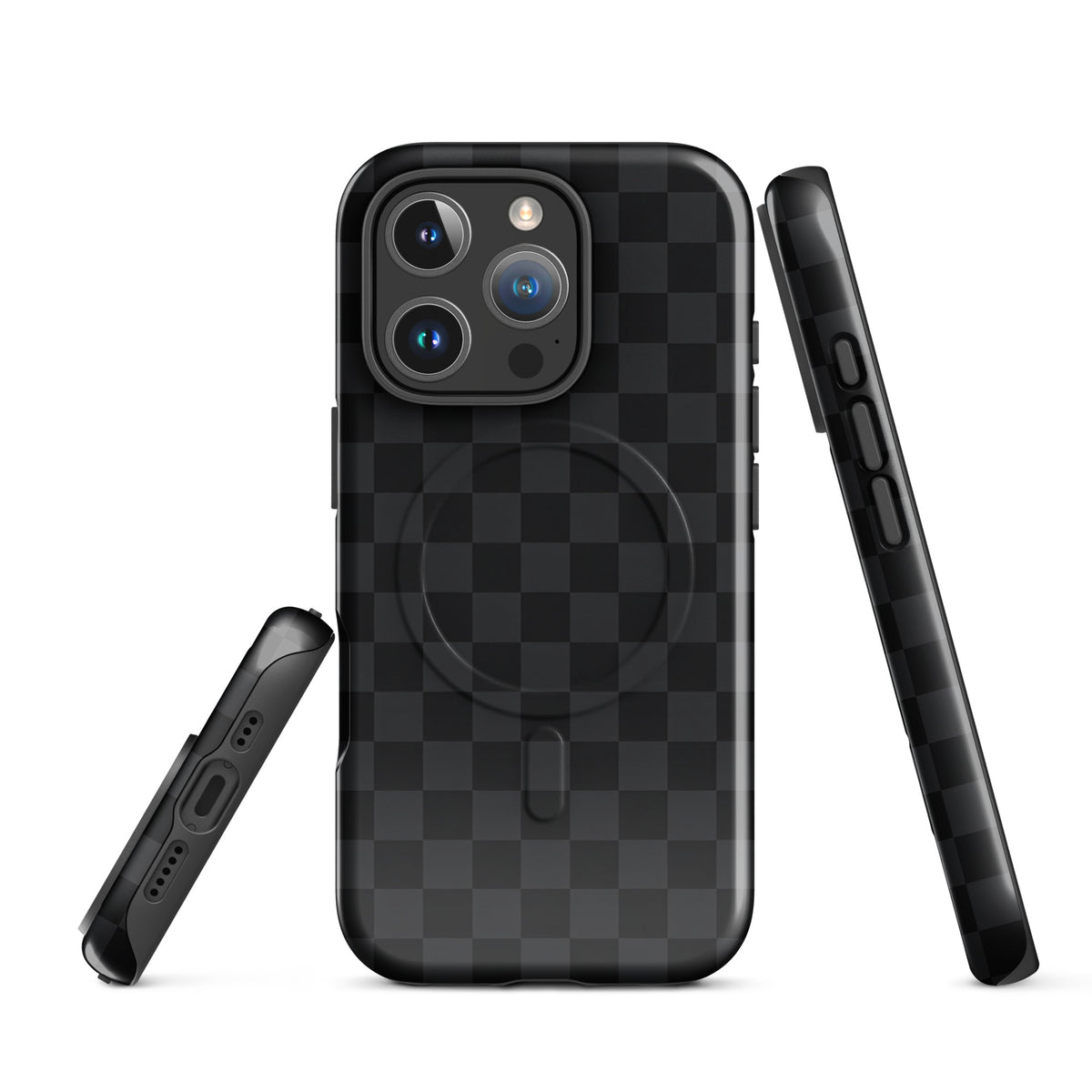 Magnetic Phone Case for iPhone with black and charcoal checkered design, offering sleek and modern protection.