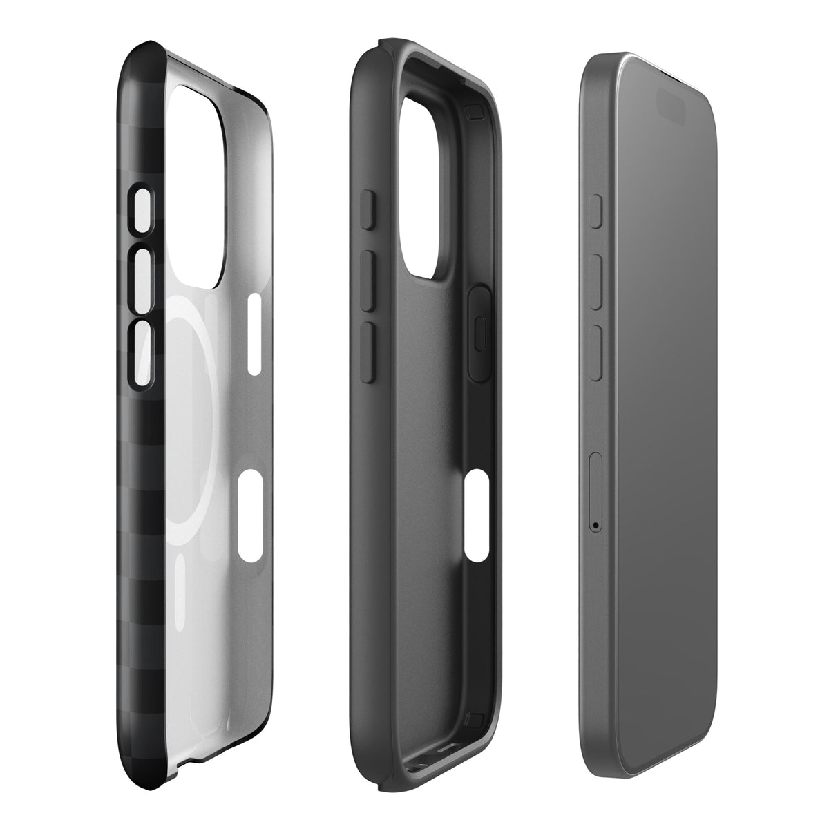 Magnetic Phone Case for iPhone with black and charcoal checkered design, side and front views showcasing sleek, modern styling and protection.