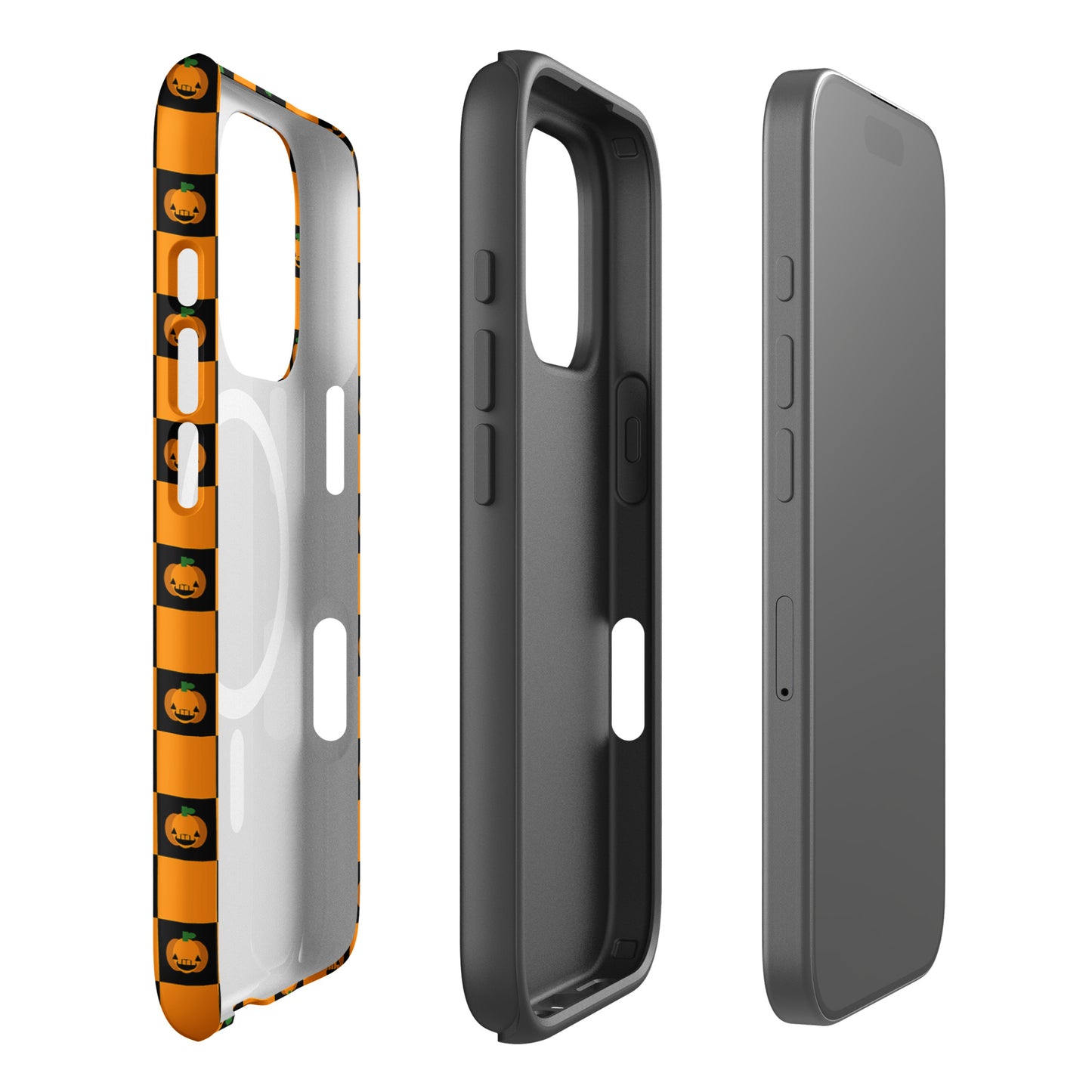Magnetic Phone Case for iPhone with pumpkin checkered Halloween design, featuring jack-o'-lanterns and orange-black pattern, side view.