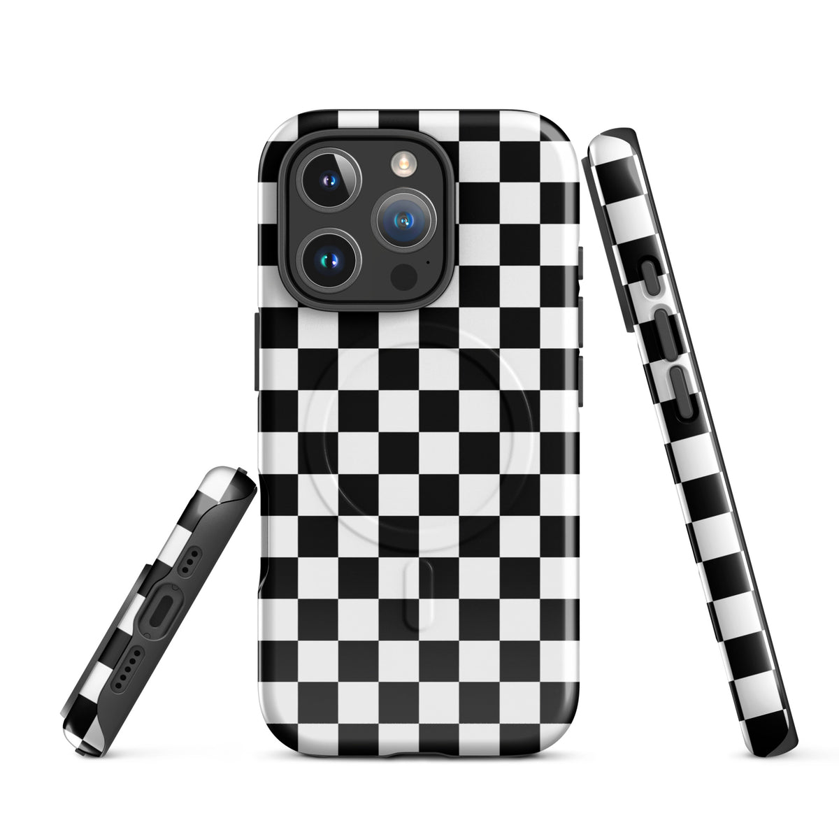 Magnetic Phone Case with bold black-and-white checkered pattern for iPhone, showcasing style and tough protection.