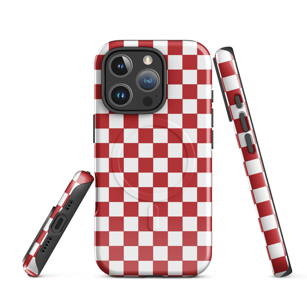Magnetic Phone Case for iPhone with Crimson Red Checkered Design, showcasing bold pattern and playful style for a trendy look.