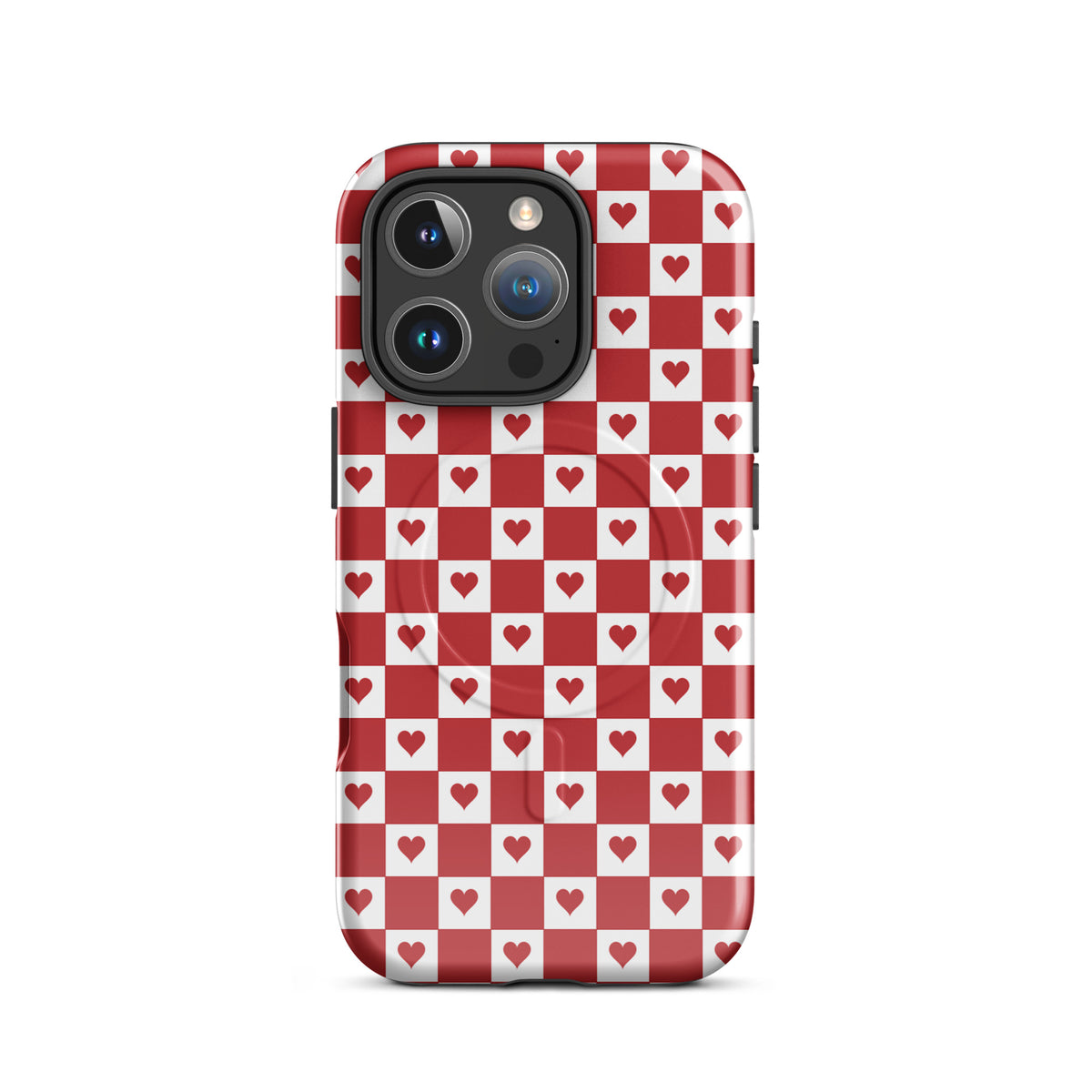 Magnetic Phone Case for iPhone with cute red heart checkered design, featuring white squares with tiny crimson hearts.