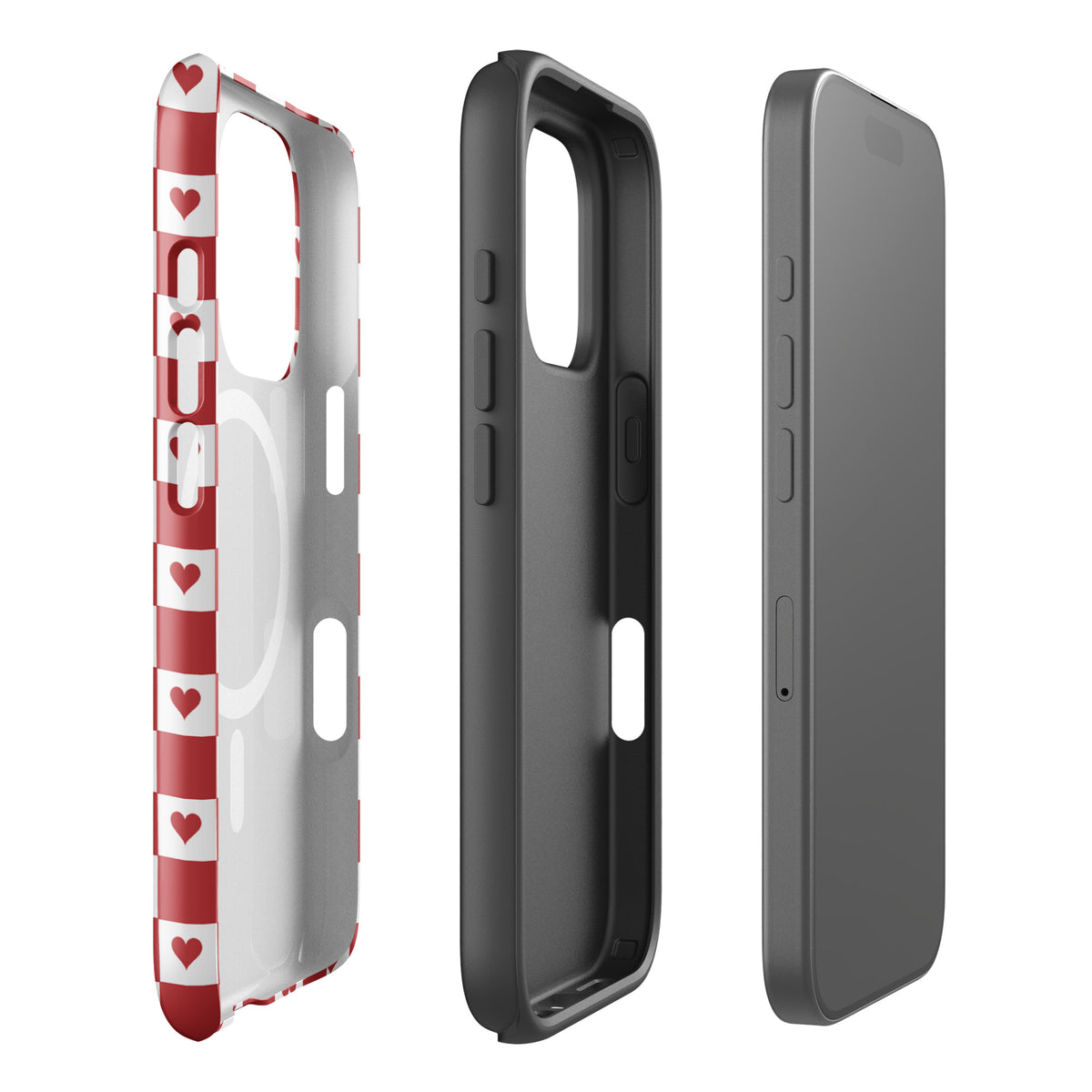 Magnetic Phone Case for iPhone with cute red heart checkered design, showing detailed view of front and side panels.