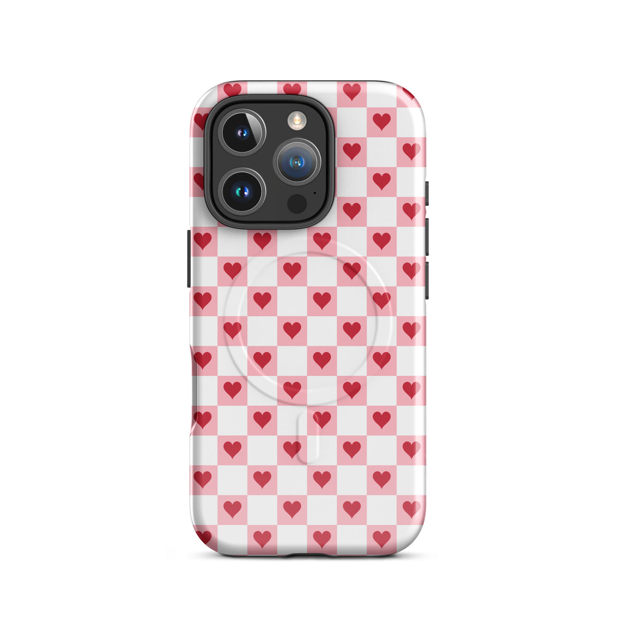 Magnetic Phone Case for iPhone with pink-and-white checkered design and red hearts pattern.