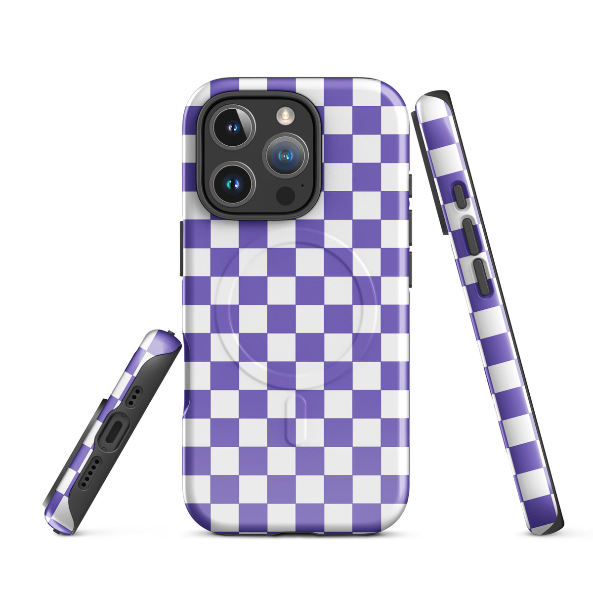 Magnetic Phone Case for iPhone with purple and white checkered pattern for style