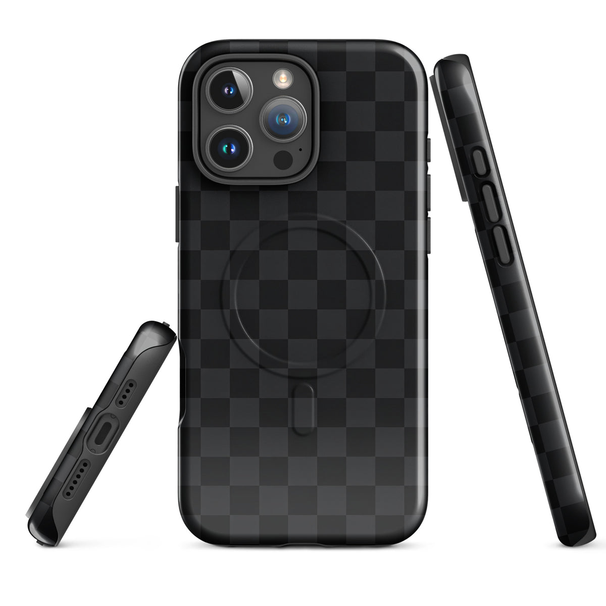 Magnetic Phone Case for iPhone featuring black and charcoal checkered design, showcasing sleek and modern style with device protection.