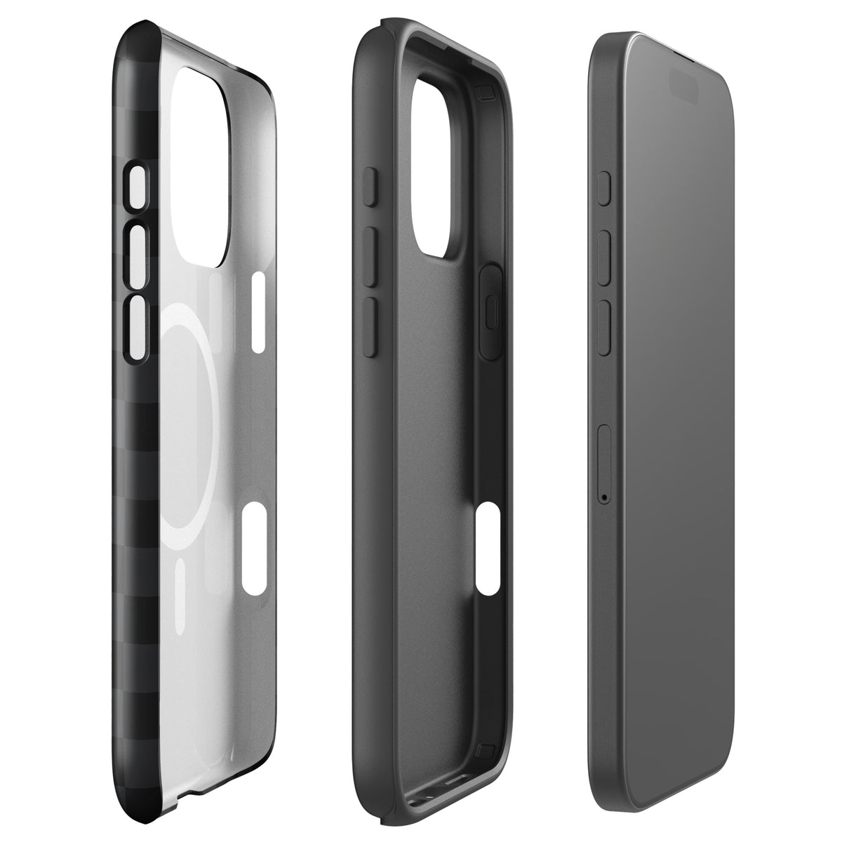 Magnetic Phone Case for iPhone with black and charcoal checkered design, sleek and modern protective cover.