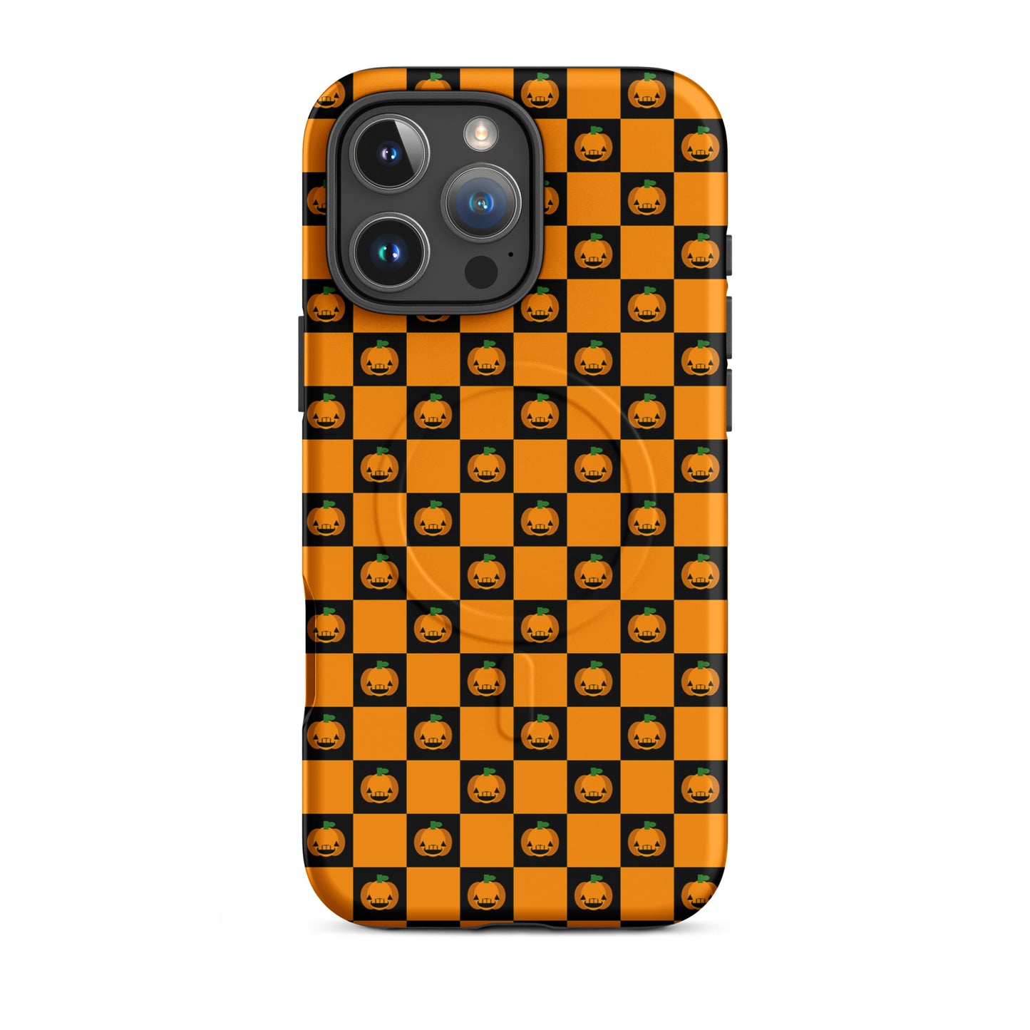 Magnetic Phone Case with pumpkin checkered Halloween design for iPhone, featuring orange and black squares with jack-o'-lanterns.
