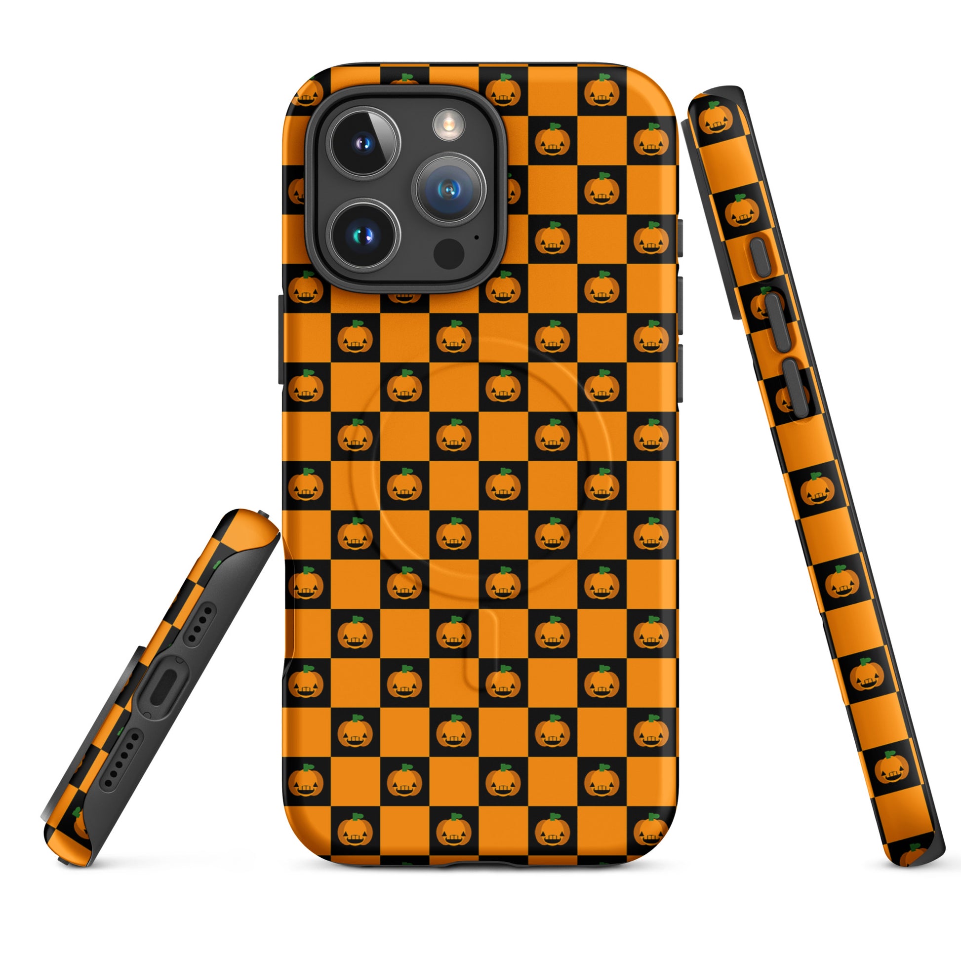 Magnetic Phone Case for iPhone with pumpkin checkered Halloween design featuring orange and black squares with jack-o’-lanterns.