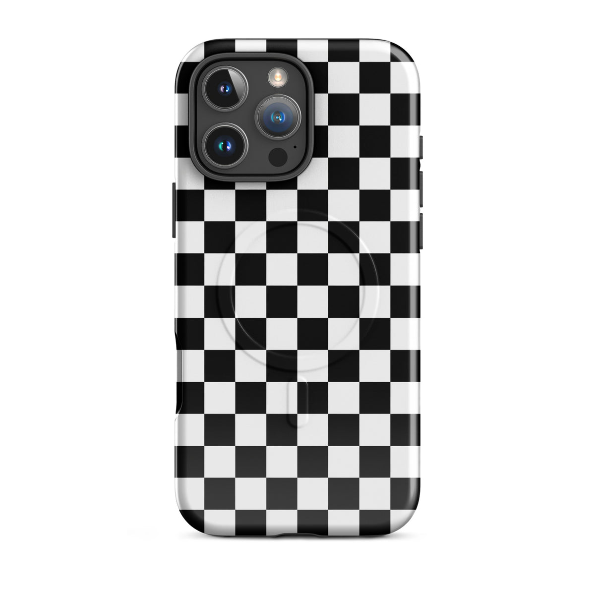Magnetic Phone Case with bold checkered pattern for iPhone, adds style and personality to any look. Ideal for selfies and texting.