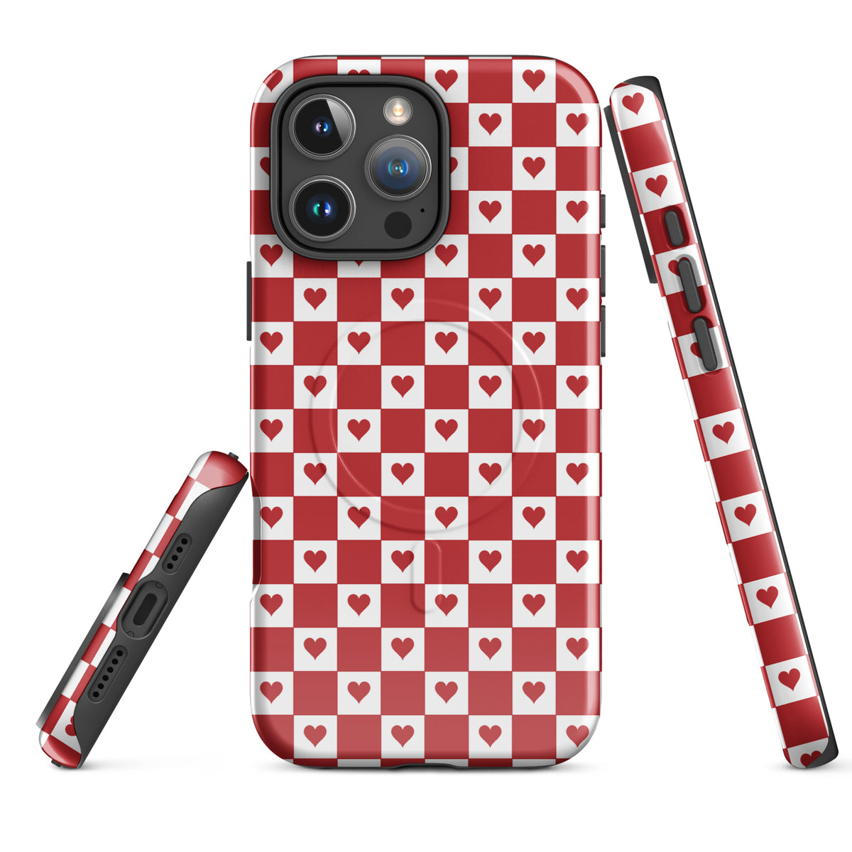 Magnetic Phone Case for iPhone with cute red heart checkered design, featuring tiny red hearts in white squares, nostalgic and modern charm.