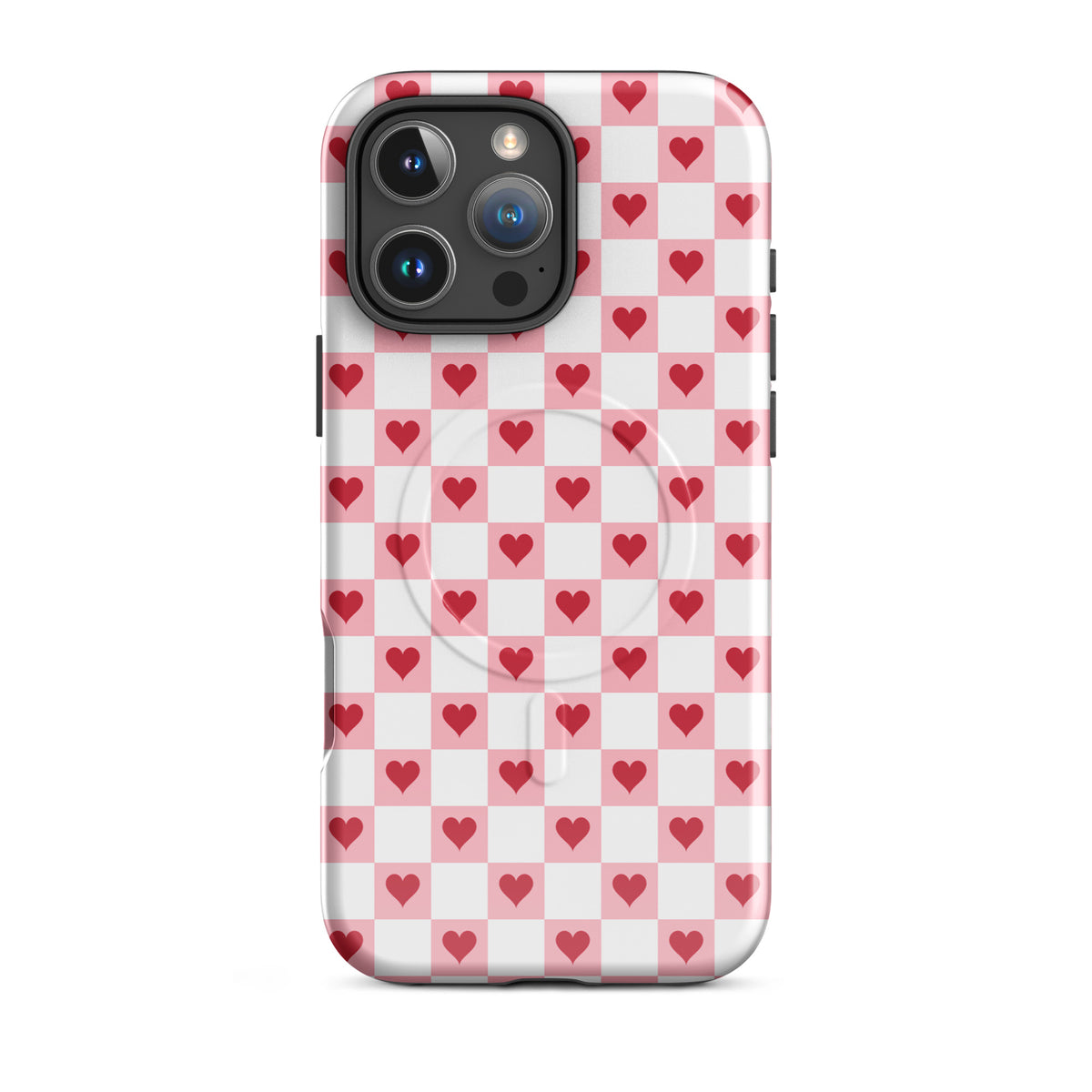 Magnetic Phone Case for iPhone with pink-and-white checkered pattern and red hearts design