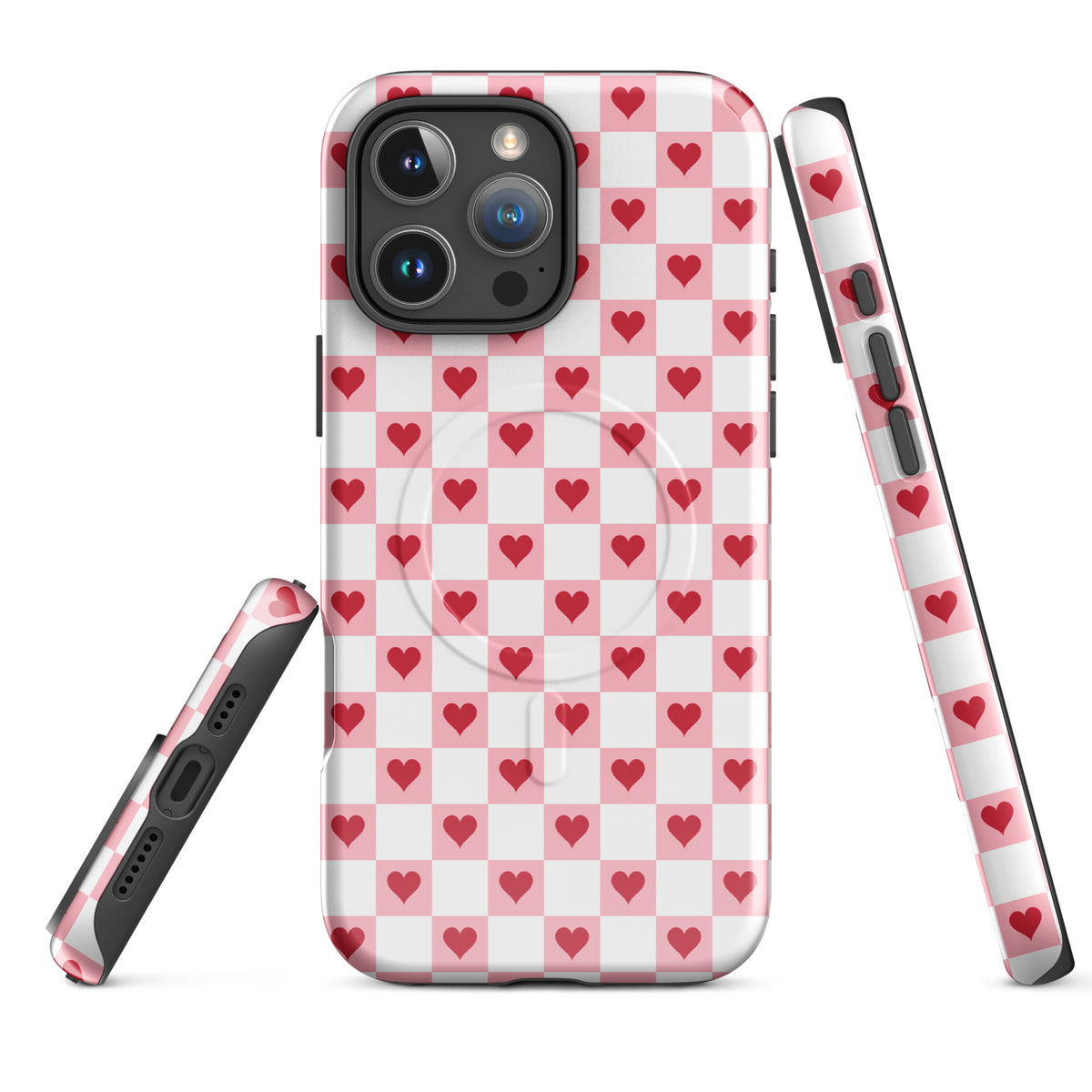 Magnetic Phone Case for iPhone with pink-and-white checkered pattern and red hearts design