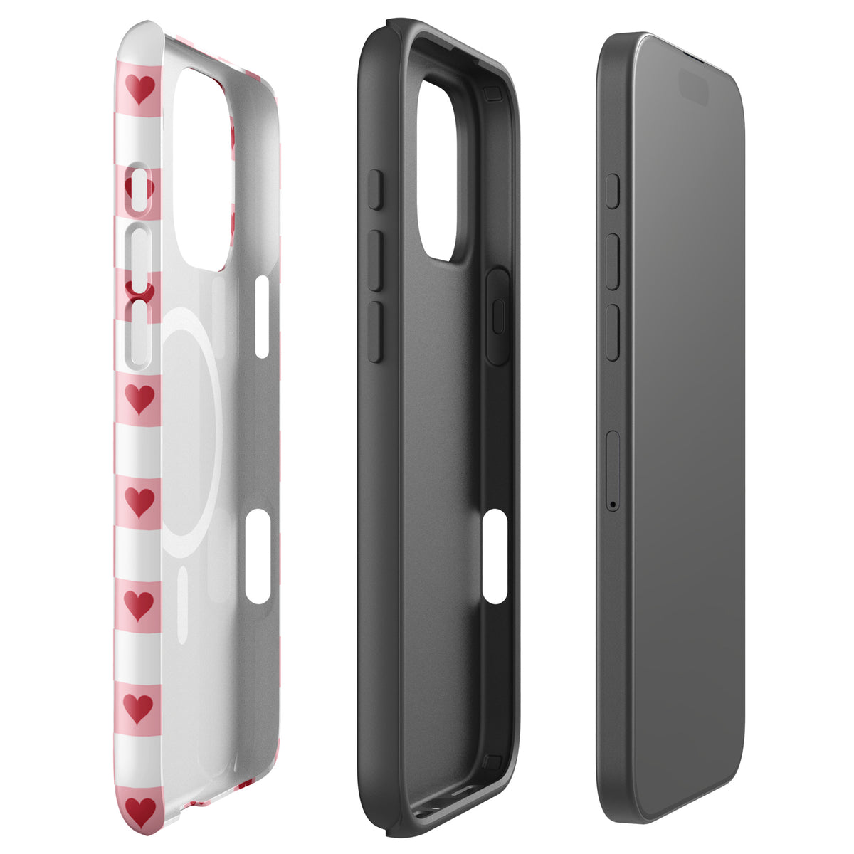 Magnetic Phone Case for iPhone in pink-and-white with red hearts checkered design, showcasing playful pattern and durable construction.