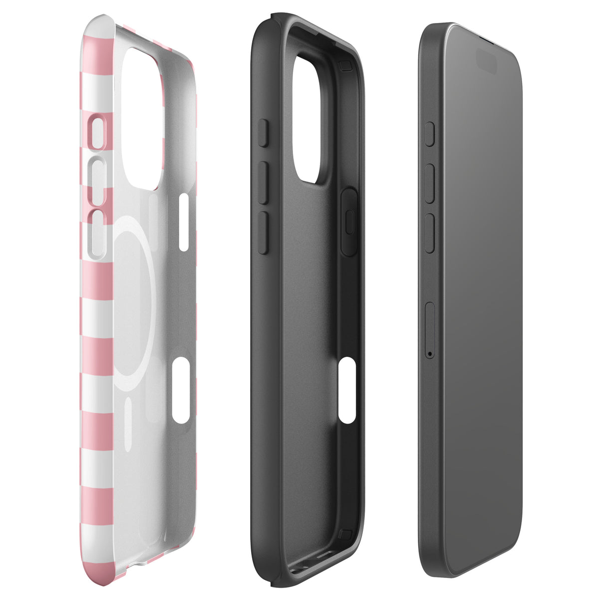 Magnetic Phone Case with playful pink and white checkered design for iPhone, showcasing three different angles.