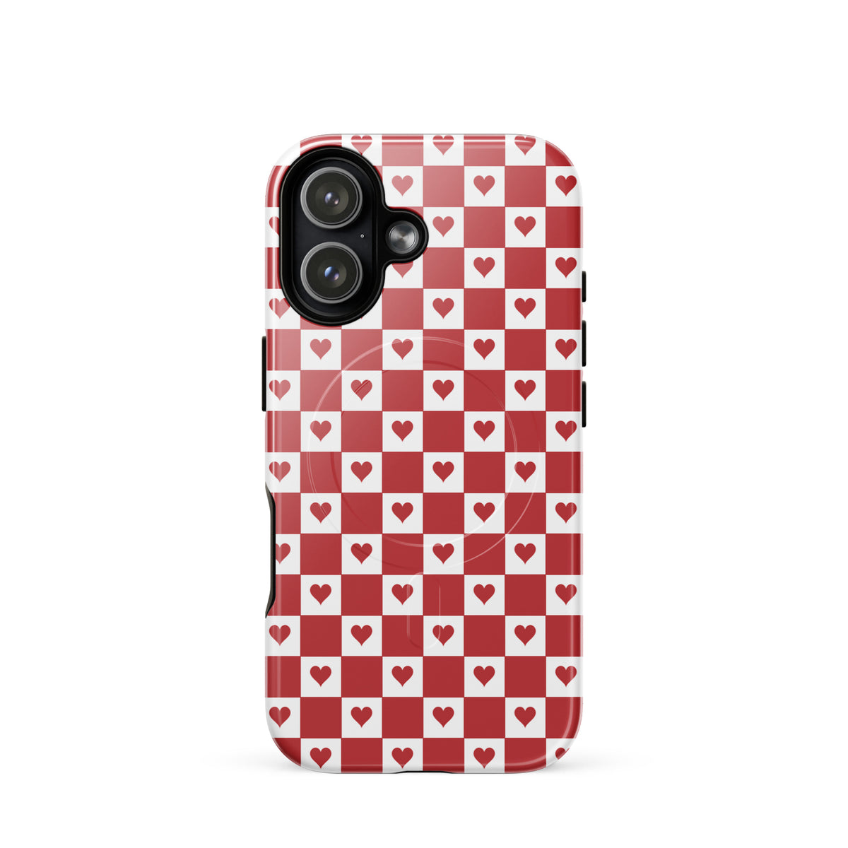 Magnetic Phone Case with cute red heart checkered design for iPhone, featuring a charming red-and-white pattern with crimson hearts.