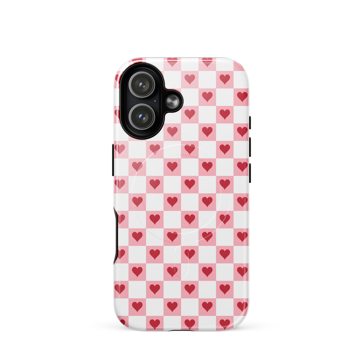 Magnetic Phone Case for iPhone in pink-and-white checkered pattern with red hearts, adding charm and cheer to your everyday carry.