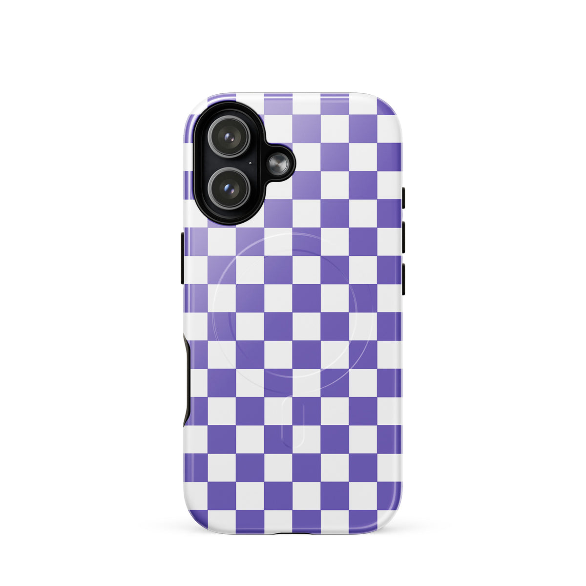 Magnetic Phone Case for iPhone with purple and white checkered pattern, adds style and personality to your device.