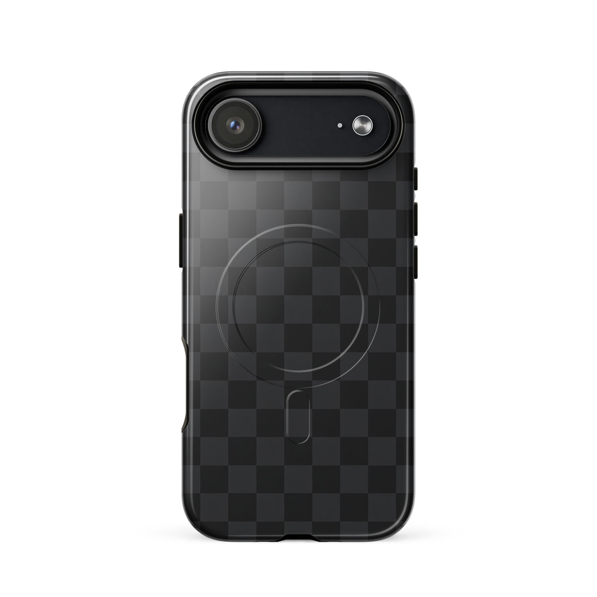 Magnetic Phone Case for iPhone with black and charcoal checkered design, offering a sleek and modern look for style and protection.