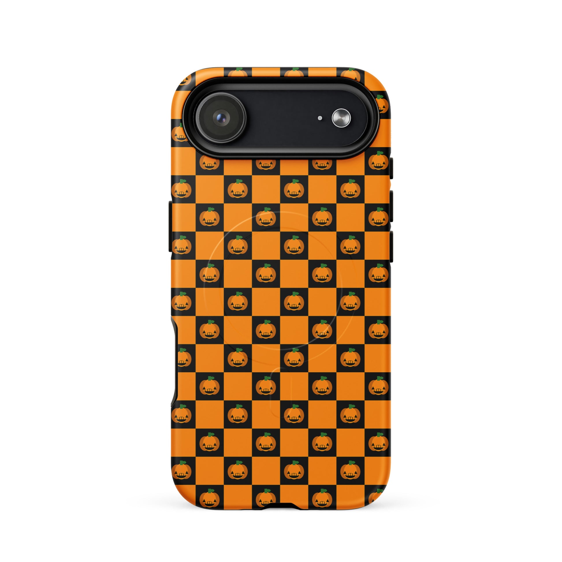 Magnetic Phone Case for iPhone with pumpkin checkered Halloween design featuring orange and black squares and jack-o'-lanterns.