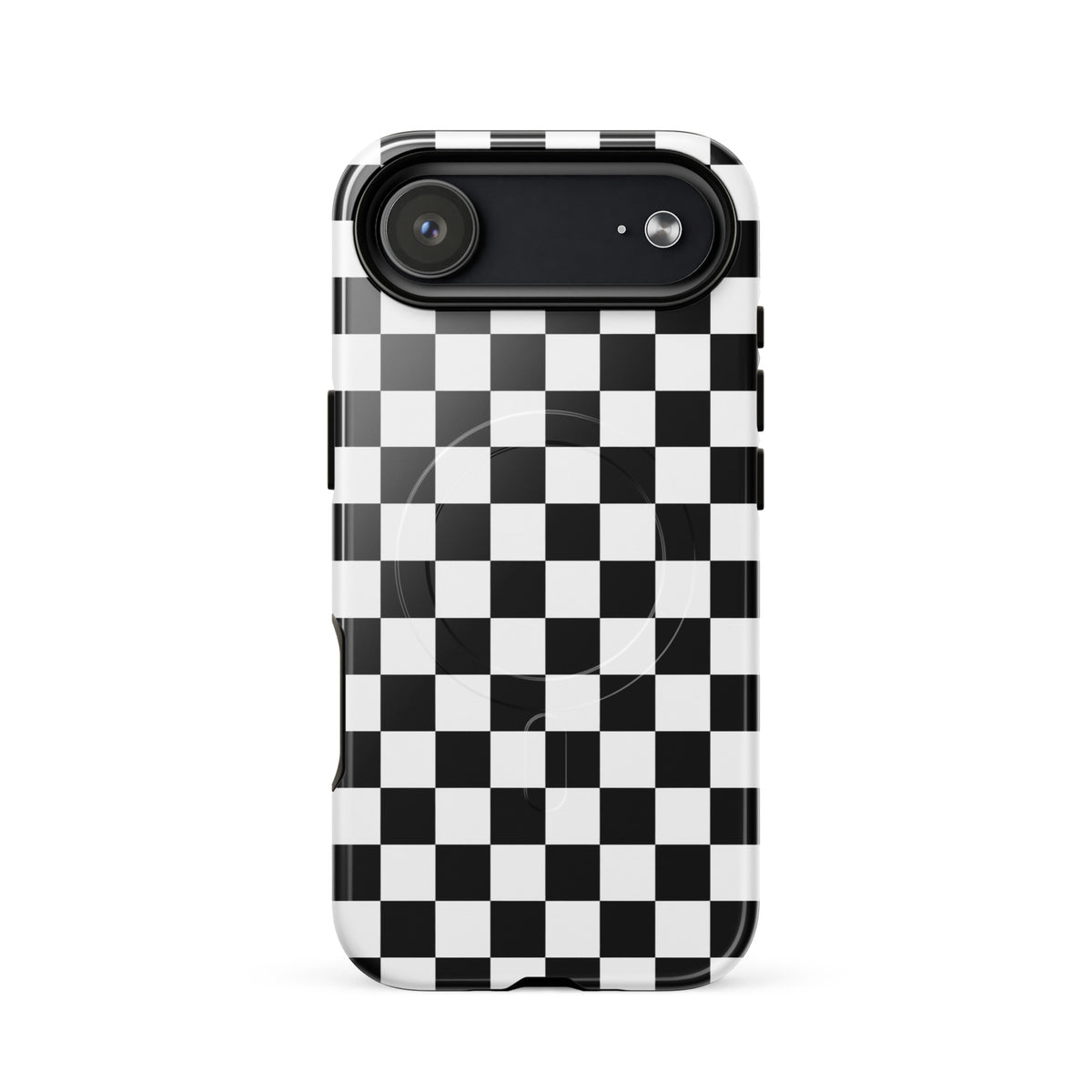 Magnetic Phone Case with bold black-and-white checkered pattern, tough protection for iPhone with stylish racing vibe.