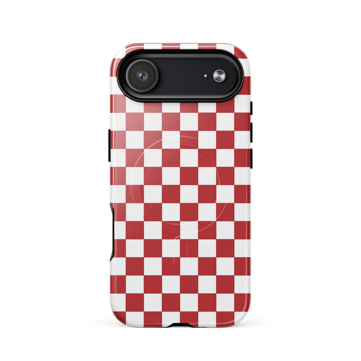Magnetic Phone Case for iPhone with crimson red checkered design, adding stylish flair and protection to your device.