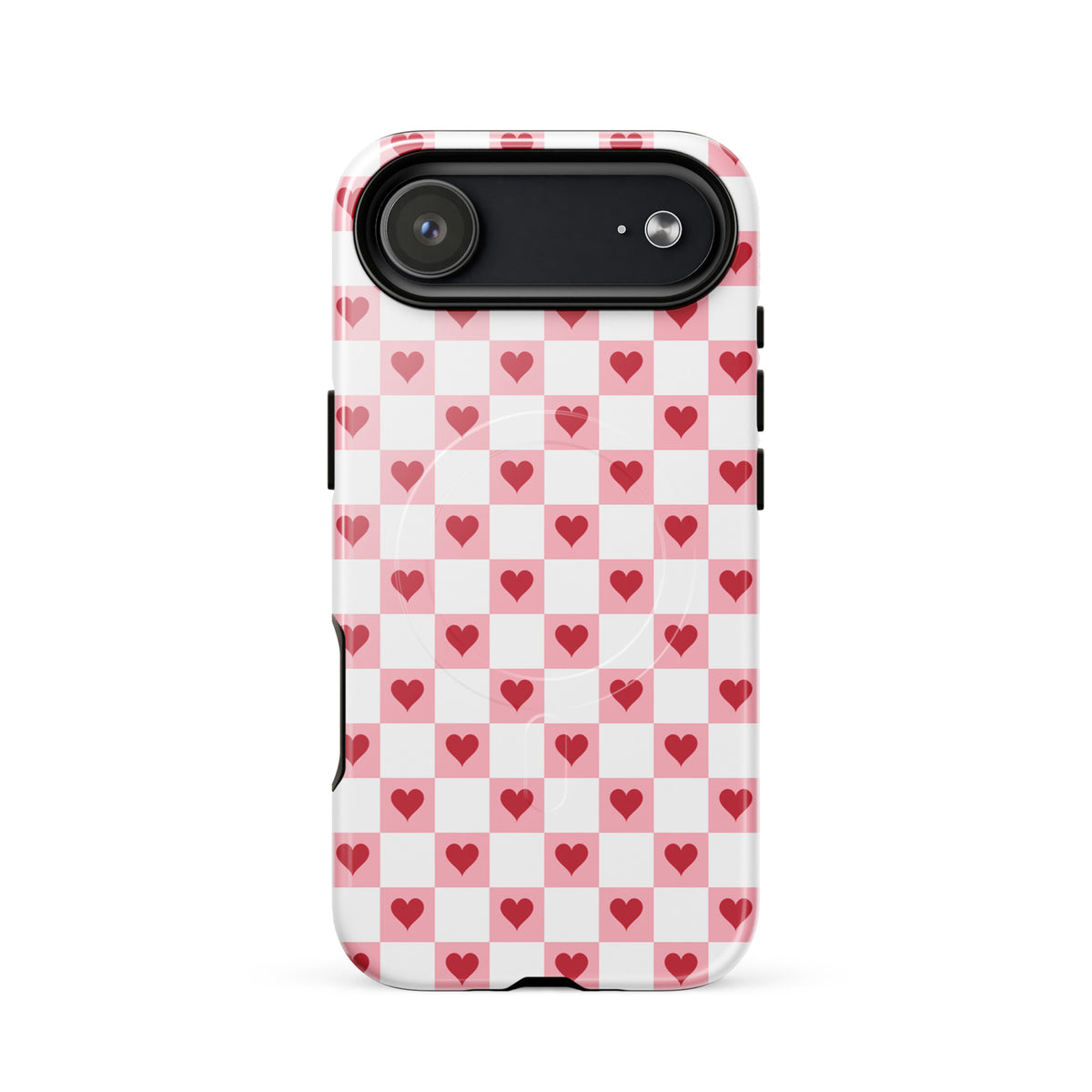 Magnetic Phone Case for iPhone in pink-and-white with red hearts checkered design, featuring tiny crimson hearts in every square.