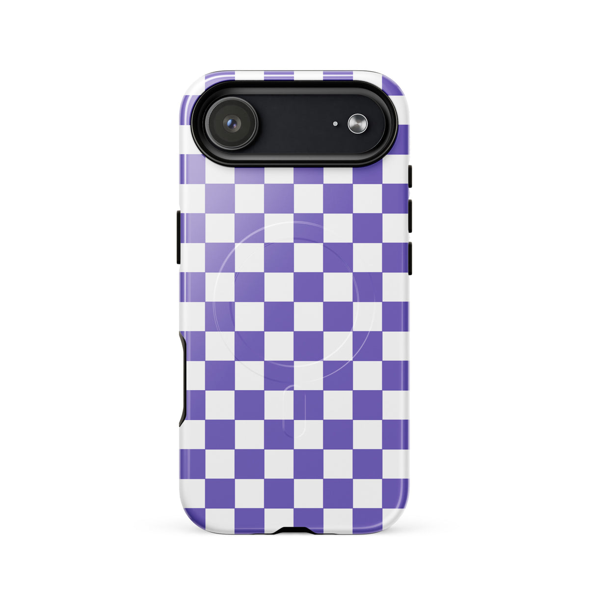 Magnetic Phone Case for iPhone with purple and white checkered pattern, adding style and personality to your device.