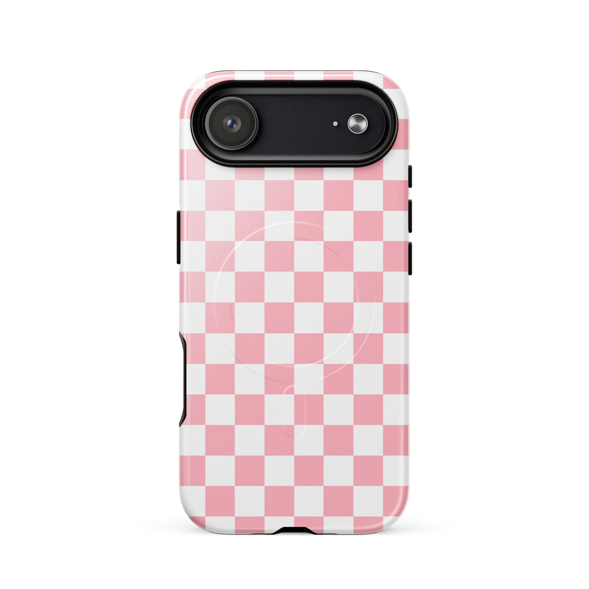 Magnetic Phone Case with playful pink and white checkered design for iPhone, adding style and personality to your device.