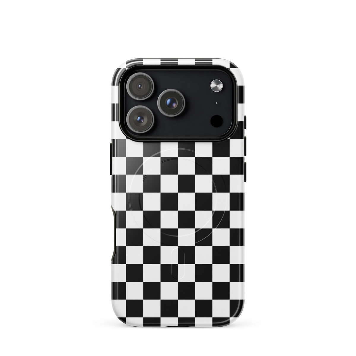 Magnetic Phone Case with black-and-white checkered pattern for iPhone, bold design enhancing style and protection.