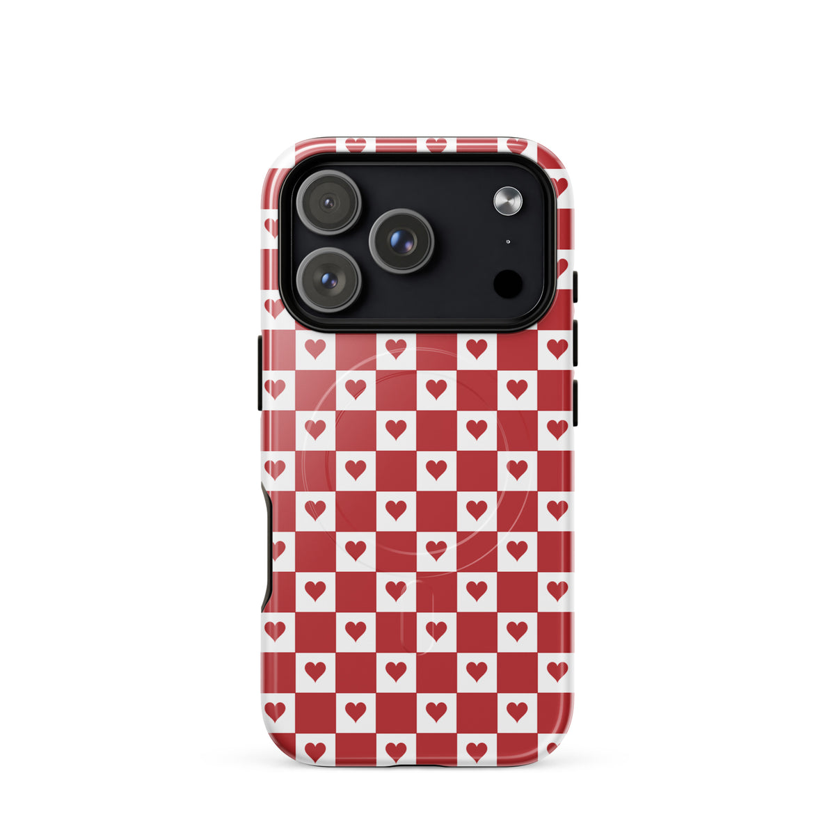 Magnetic Phone Case with red heart checkered design for iPhone, combining charm and modern style for everyday use.